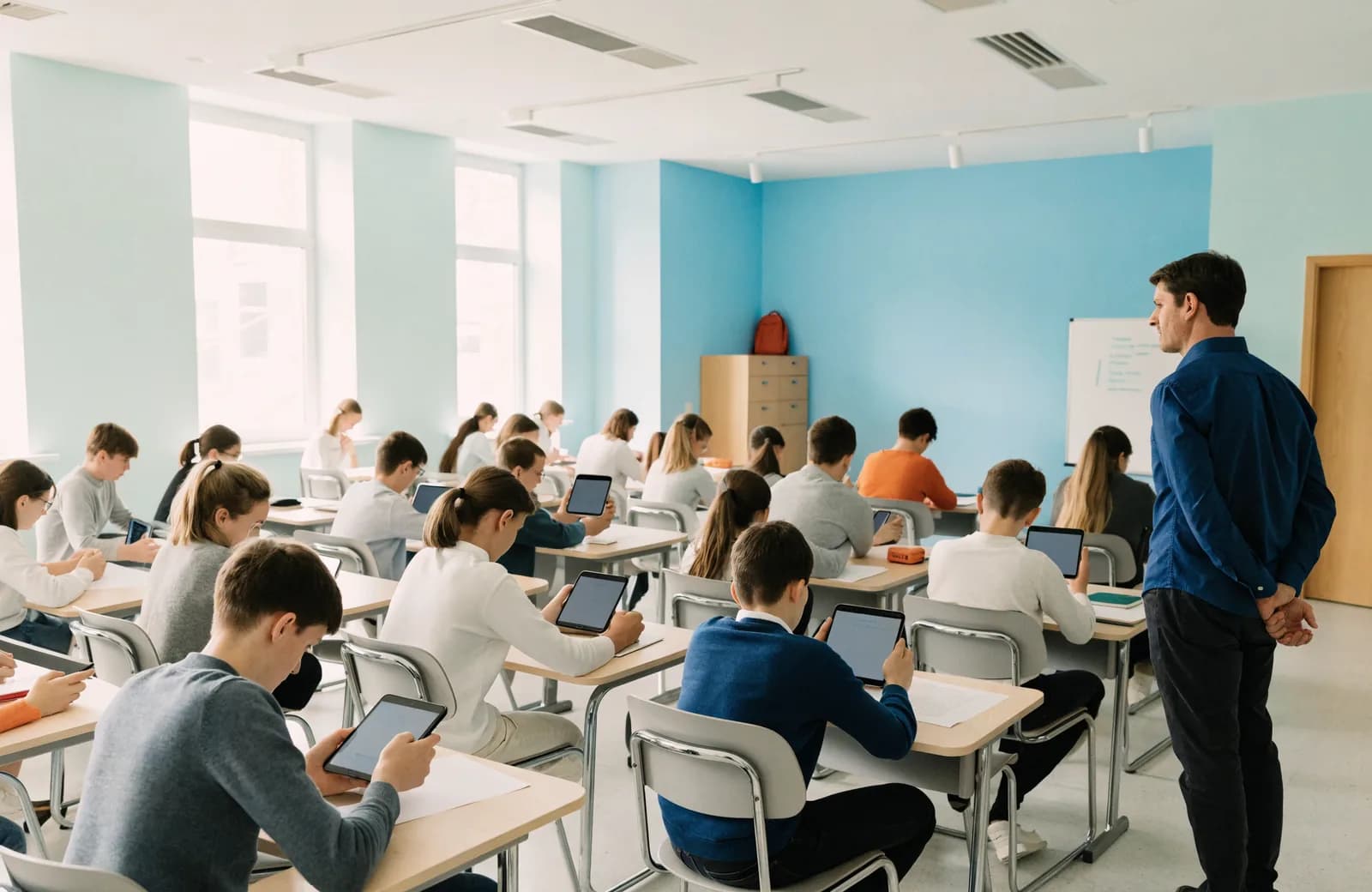 Класс проходит задание на планшетах, учитель следит за работой