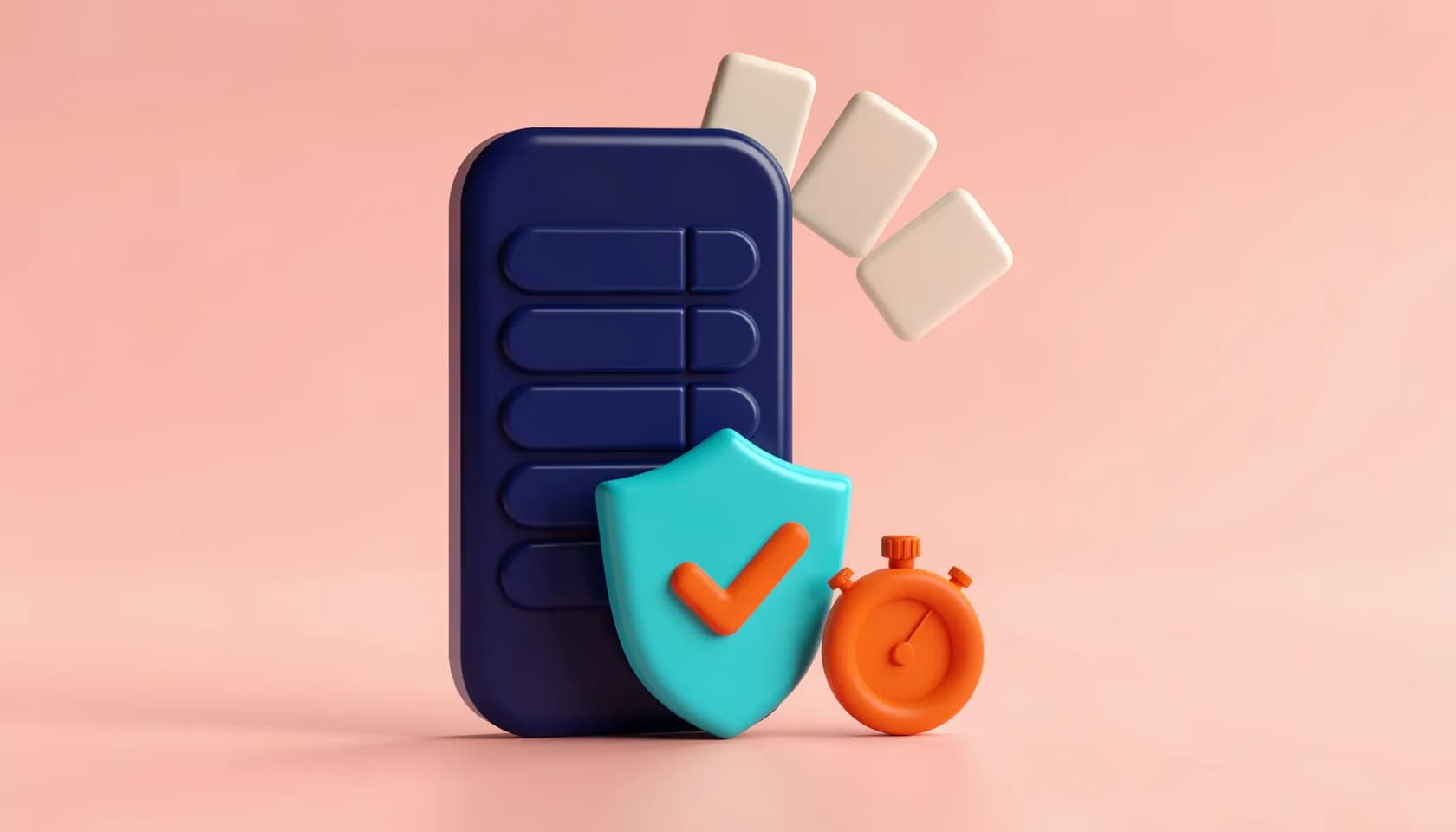 Телефон с тестом, щит с галочкой и секундомер