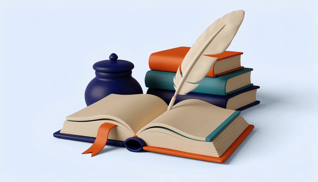 Раскрытая книга, перо и чернильница